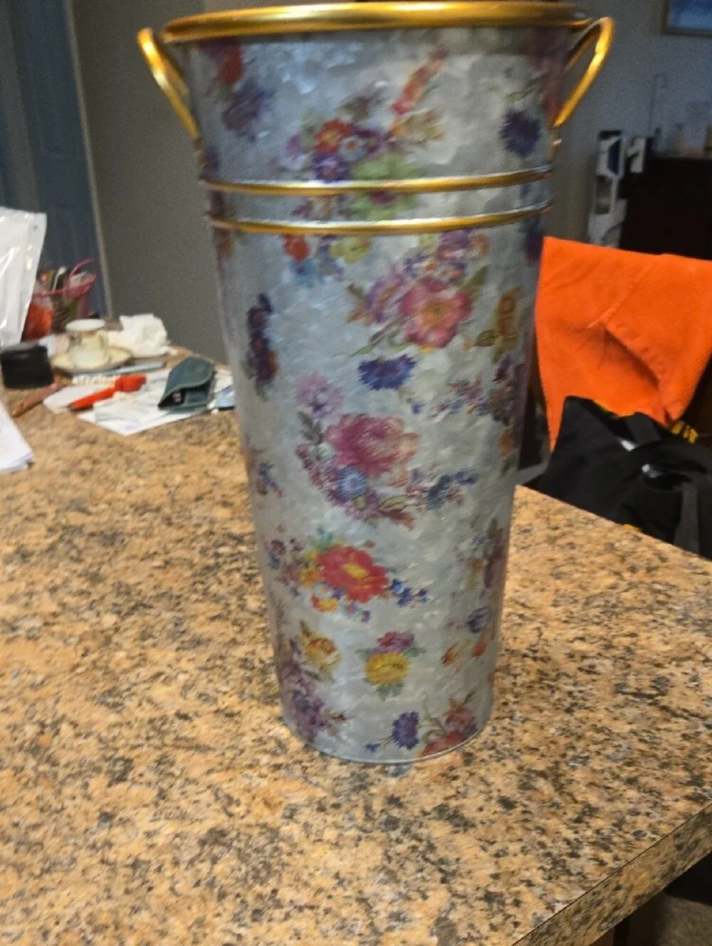 MacKenzie-Childs Floral Metal Umbrella Vase with Gold Trim